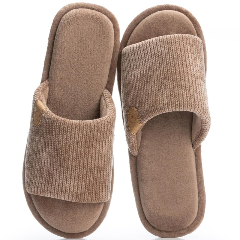 GOEWY Mens Slippers with Memory Foam Gifts House Slippers for Men Indoor Outdoor Slip On Non-Slip Sole Open Toe Cozy Bedroom Slippers Size 9 10 Brown - Image 1
