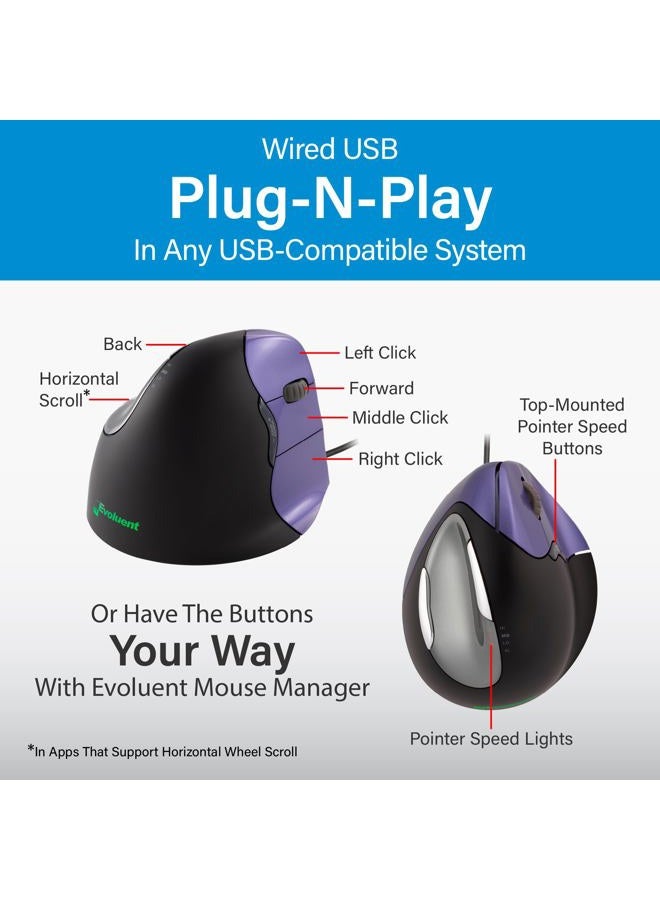 Evoluent – Inventor of The Vertical Mouse – VM4S Ergonomic Vertical Mouse Right Hand Small Wired USB, Sculpted for Comfort, Reduces Wrist Strain, 4 Speeds, 6 Customizable Buttons in Windows - Image 5