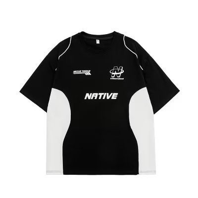 Generic Cross-border Retro American Summer Racing Tee-shirt Street Motorcycle Style Neutral Couple Short-sleeved Loose Sports T-shirt Trendy Black - Image 1