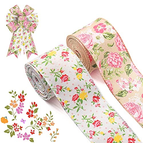 ALIBBON 2 Rolls 25 5 Yd Spring Flower Wired Edge Burlap Ribbons Red Yellow Pink Rose Flower Leaves for Spring Wreath DIY Crafting Gift Wrapping Party Decoration - Image 1