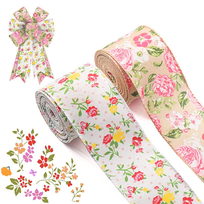 ALIBBON 2 Rolls 25 5 Yd Spring Flower Wired Edge Burlap Ribbons Red Yellow Pink Rose Flower Leaves for Spring Wreath DIY Crafting Gift Wrapping Party Decoration - Image 3