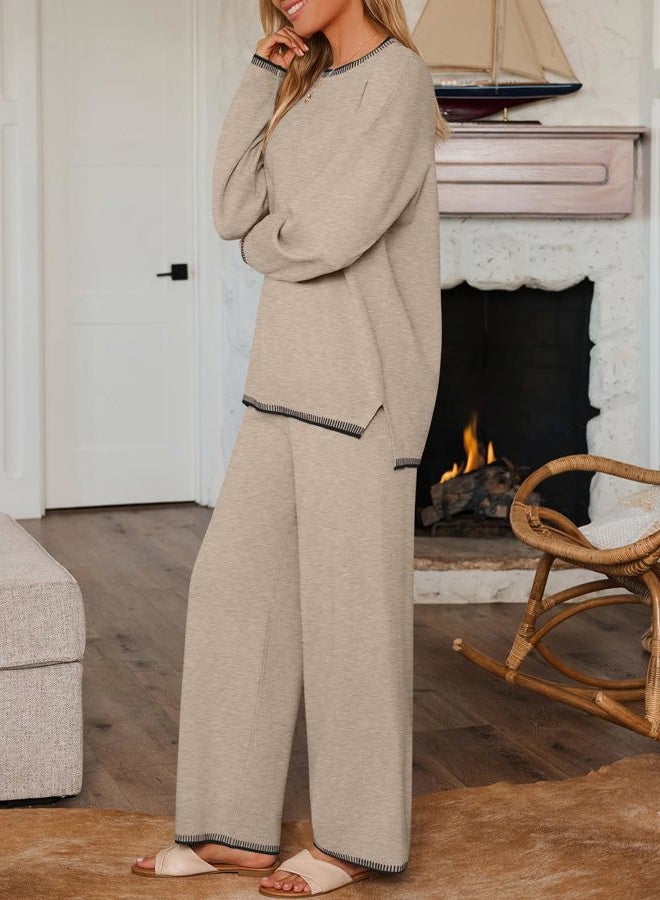 LILLUSORY 2 Piece Knit Lounge Sets Womens Matching Sweater Sets, Lighttan, XL - Image 3