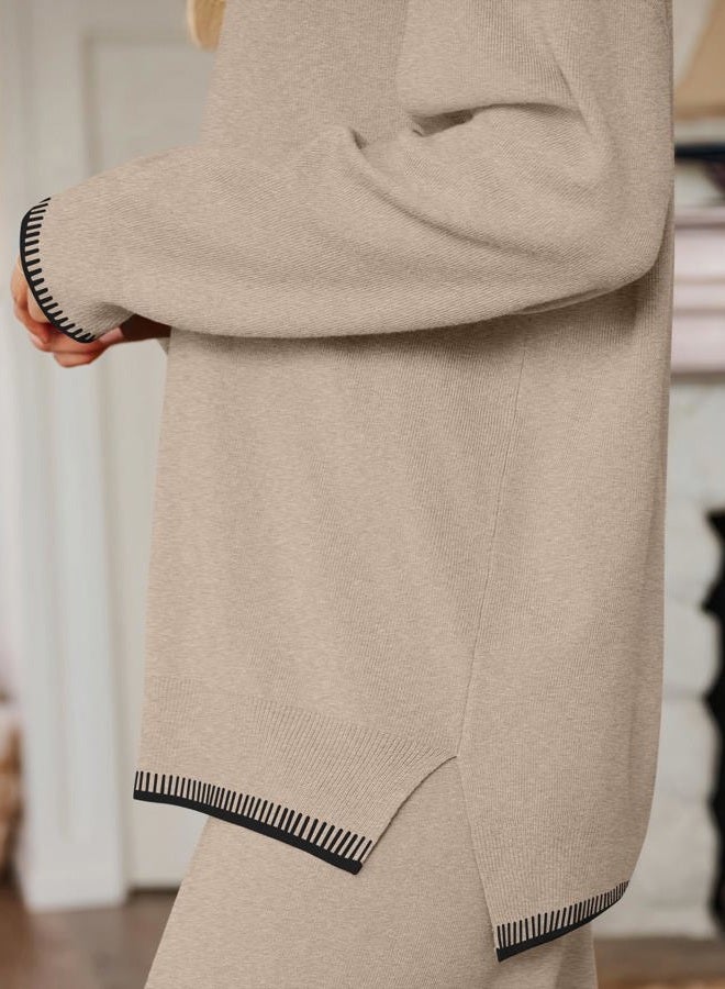 LILLUSORY 2 Piece Knit Lounge Sets Womens Matching Sweater Sets, Lighttan, XL - Image 5