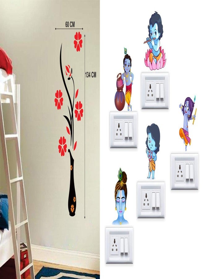 Walltech Combo Pack of Wall Stickers Flower vase red (Covering Area 60 x 134 cms) with Krishna (Set of -5) Switch Board Sticker - Image 1
