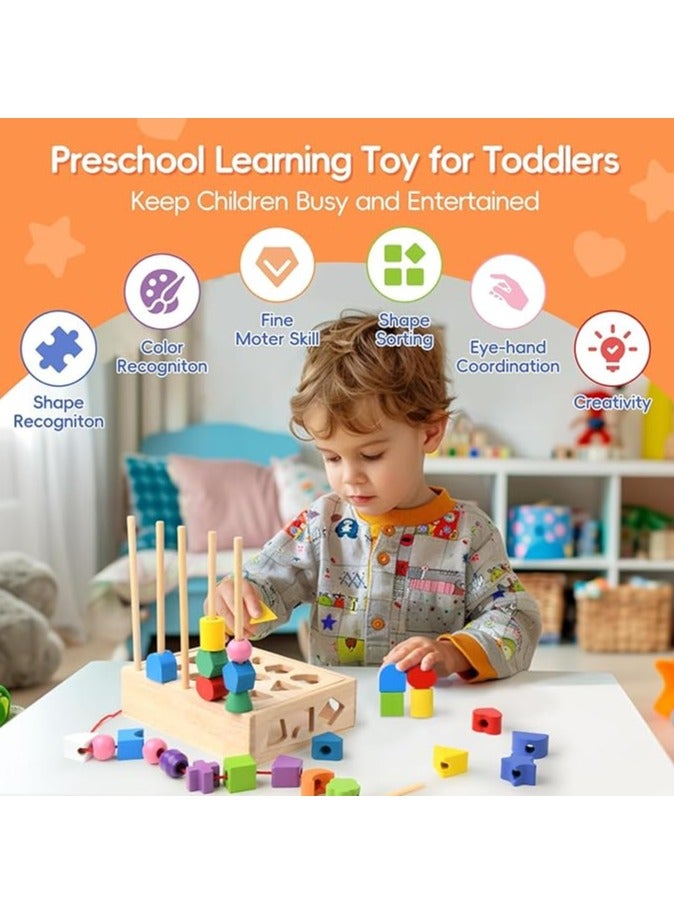 يوريفو مجموعة ألعاب مونتيسوري الخشبية 3 في 1 للفرز والربط، لعبة مطابقة الأشكال الهندسية وتسلسل الخرز للأطفال الصغار، وفرز الألوان والتكديس وألعاب تعليمية للمهارات الحركية الدقيقة للأطفال من سن 3 سنوات فما فوق - Image 3