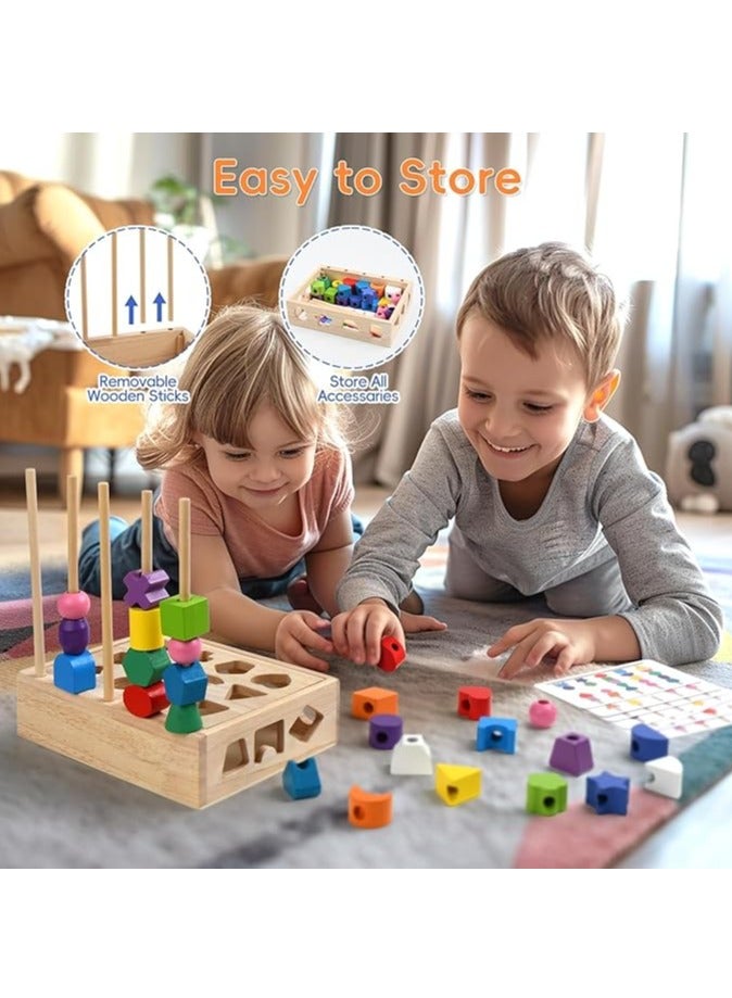 يوريفو مجموعة ألعاب مونتيسوري الخشبية 3 في 1 للفرز والربط، لعبة مطابقة الأشكال الهندسية وتسلسل الخرز للأطفال الصغار، وفرز الألوان والتكديس وألعاب تعليمية للمهارات الحركية الدقيقة للأطفال من سن 3 سنوات فما فوق - Image 4