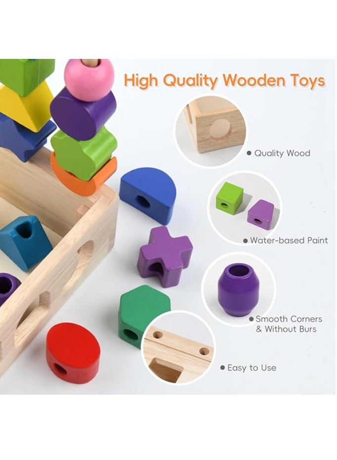 يوريفو مجموعة ألعاب مونتيسوري الخشبية 3 في 1 للفرز والربط، لعبة مطابقة الأشكال الهندسية وتسلسل الخرز للأطفال الصغار، وفرز الألوان والتكديس وألعاب تعليمية للمهارات الحركية الدقيقة للأطفال من سن 3 سنوات فما فوق - Image 5