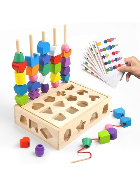3 in 1 Montessori Wooden Sorting and Lacing Toy Set, Geometric Shape Matching Beads Sequencing Game for Toddlers, Color Sorting Stacking Fine Motor Skills Learning Toys for Kids Age 3+
