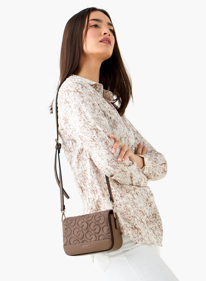 Celeste Monogram Embossed Suede Crossbody Bag with Flap Closure
