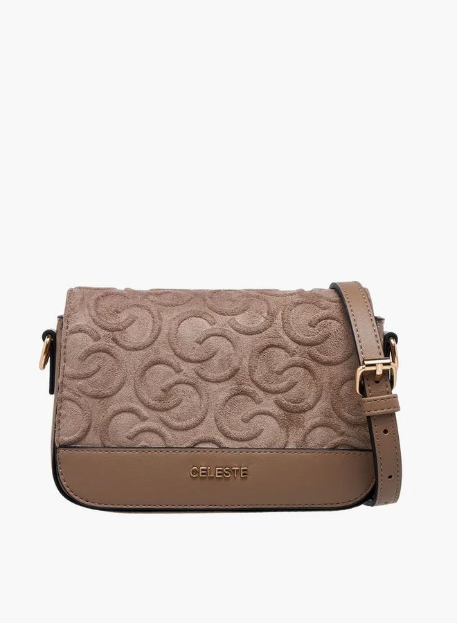Celeste Monogram Embossed Suede Crossbody Bag with Flap Closure