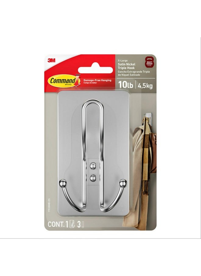 Command Command X-Large Satin Nickel Triple Hook, 1 Hook, 3 Strips, Damage Free Hanging Wall Hooks with Adhesive Strips, No Tools Wall Hooks for Hanging Decorations in Living Spaces  - Image 1