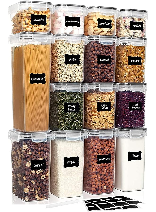 U-HOOME Cereal & Dry Food Storage Containers,BPA Free Airtight Plastic Kitchen Storage Organizer with Locking Lids,15PCS Food Storage Box for Flour,Snack,Sugar,Rice with 24 Chalkboard Labels &1 Marker - Image 1