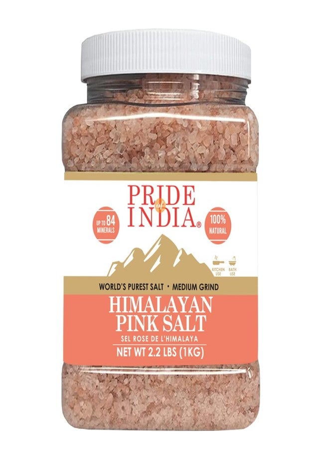 Pride Of India - Pure Himalayan Pink Salt - Enriched w/ 84+ Natural Minerals, Medium Grind 2.2 Pound (35.2oz) Jar - Himalayan Salt, Himalayan Pink Salt, Pink Himalayan Salt, Grind Salt, Pure Rock Salt - Image 1