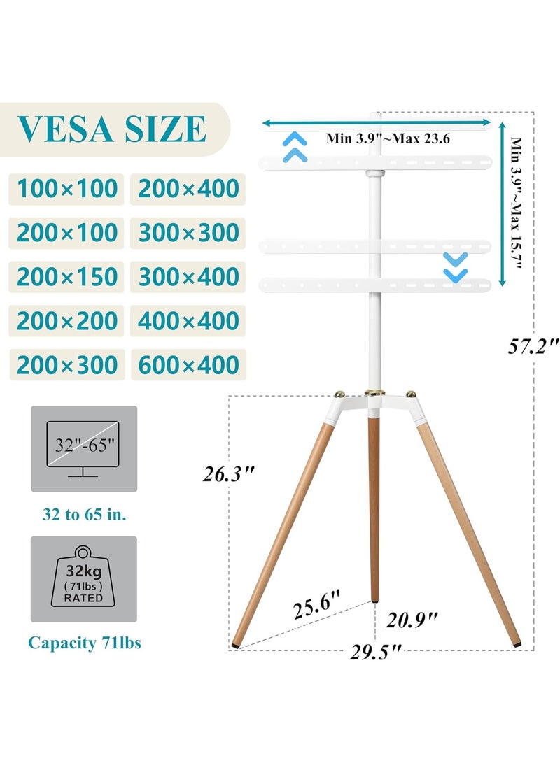BEETEC Tripod TV Floor Stand for 32–65 Inch Flat Screen TVs, Wooden Legs, Tilt ±70°, VESA 600x400mm, Load Capacity 32 kg, Height Adjustable TV Stand for Home, Office, Events, White | TF-FS109W - Image 2