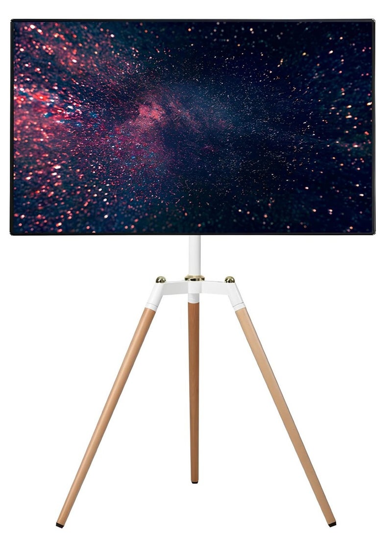 BEETEC Tripod TV Floor Stand for 32–65 Inch Flat Screen TVs, Wooden Legs, Tilt ±70°, VESA 600x400mm, Load Capacity 32 kg, Height Adjustable TV Stand for Home, Office, Events, White | TF-FS109W - Image 1