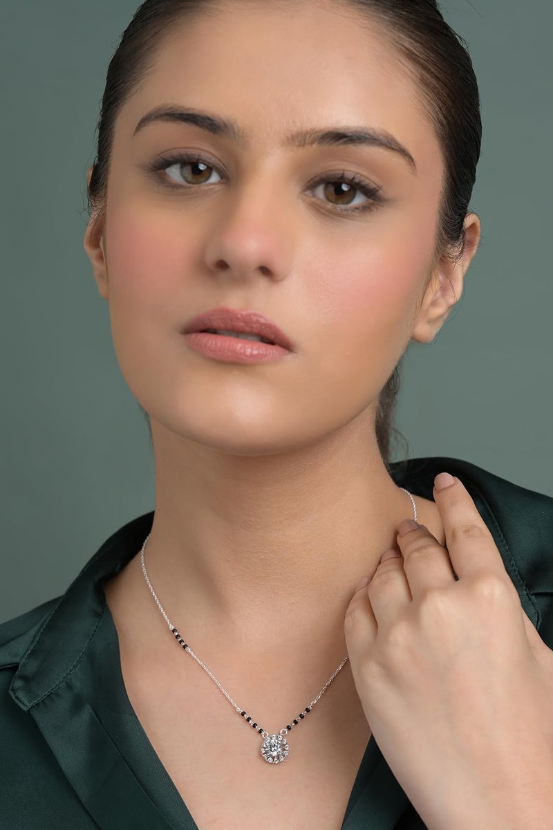 Clara 925 Sterling Silver Medha Round Solitaire Mangalsutra Tanmaniya Pendant With Black Beads Chain | Platinum Plated, Swiss Zirconia |Gift for Wife - Image 3