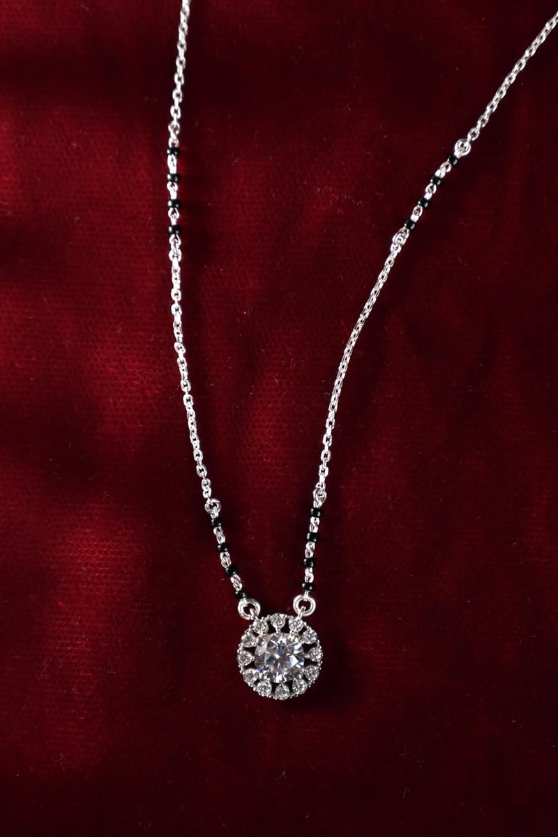 Clara 925 Sterling Silver Medha Round Solitaire Mangalsutra Tanmaniya Pendant With Black Beads Chain | Platinum Plated, Swiss Zirconia |Gift for Wife - Image 2