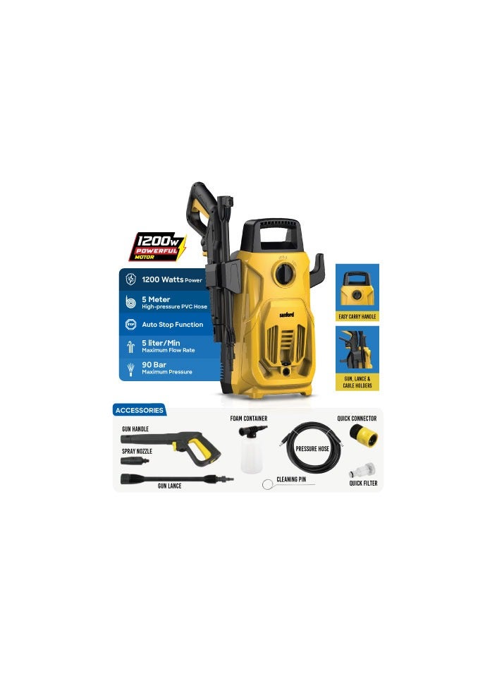 High Pressure Washer – 1200W, 90 Bar – Aluminium Pump, Auto Stop, Adjustable Nozzle, 5m Hose – For Car, Home & Garden  - Image 2