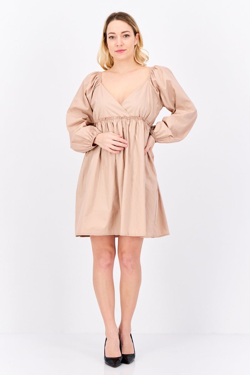 BRAVE SOUL Women Pleated Mini Dress, Tan - Image 4