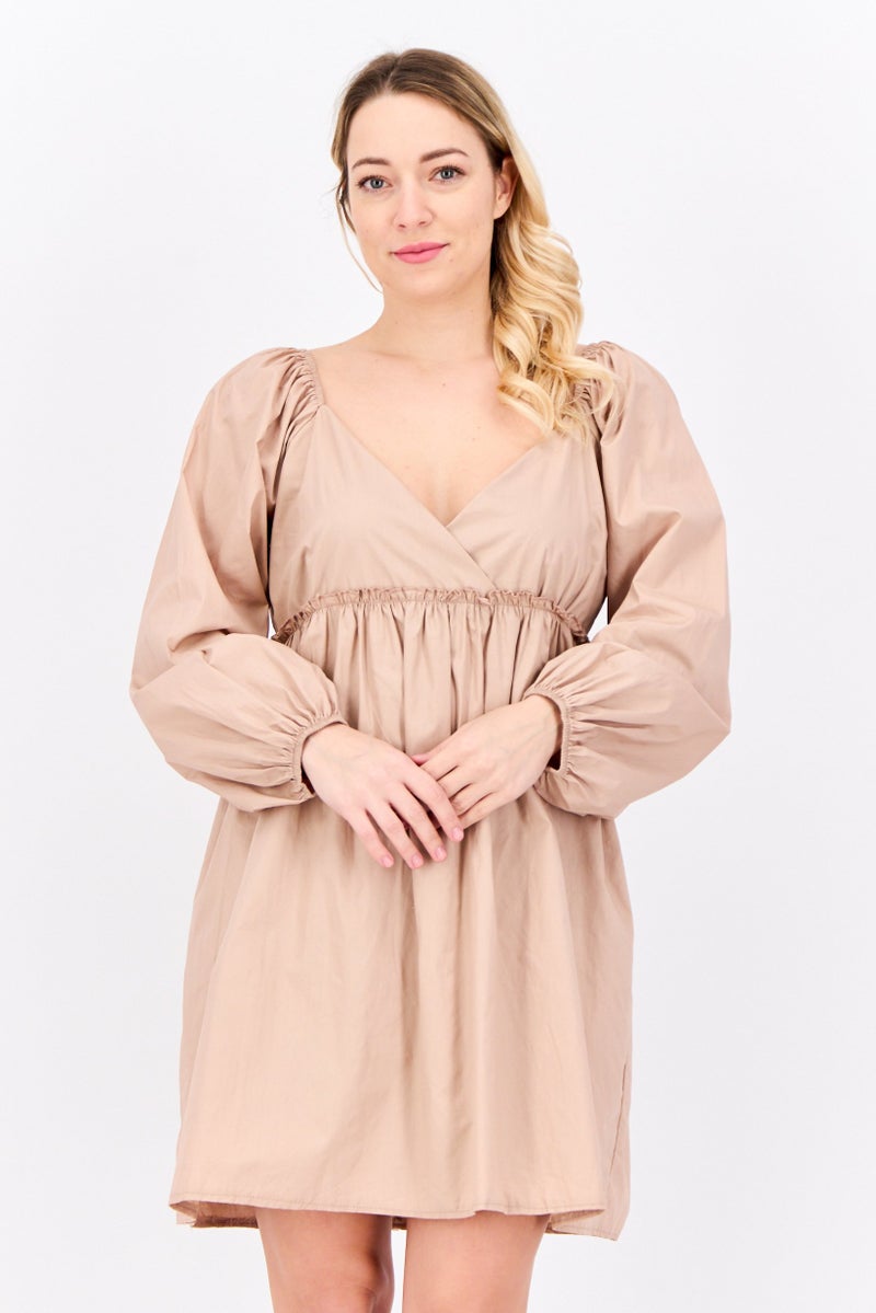 BRAVE SOUL Women Pleated Mini Dress, Tan - Image 1