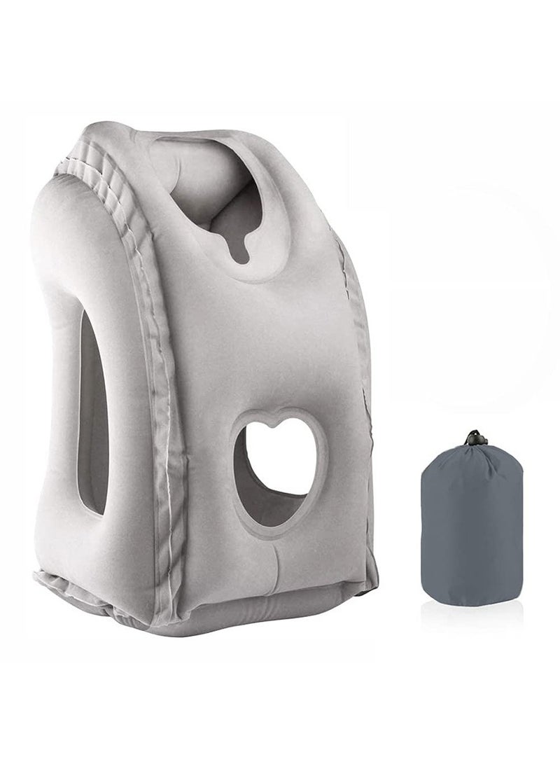 ZERIFAM Inflatable Travel Pillow, Portable Head Neck Pillow for Sleeping to Avoid Neck and Shoulder Pain, Support Head, for Airplanes, Trains, Cars and Office Napping with Drawstring Bag(Grey) - Image 1