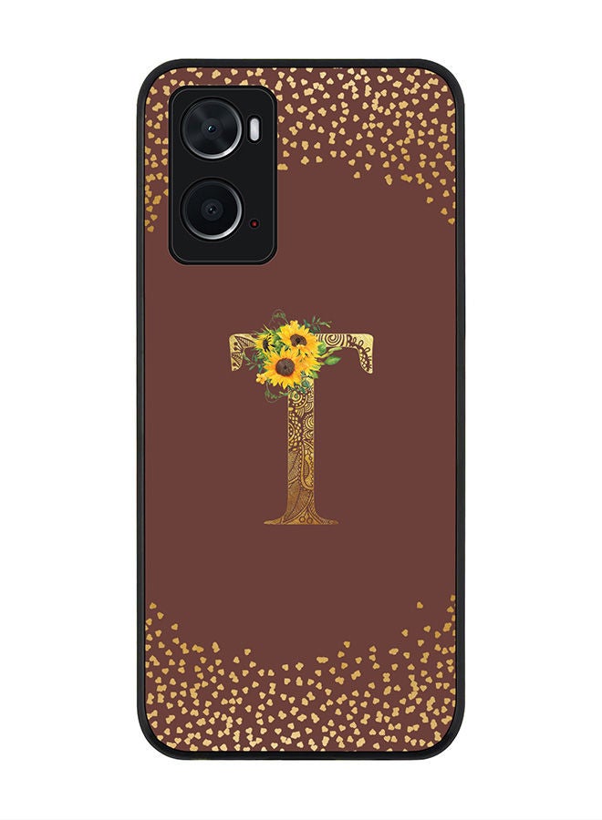 Stylizedd Rugged Black edge case for Oppo A96 4G/A36/A76 Slim fit Soft Case Flexible Rubber Edges Anti Drop TPU Gel Thin Cover - Custom Monogram Initial Letter Floral Pattern Alphabet - T (Brown ) - Image 1