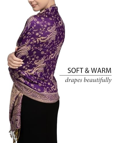 Achillea Soft Silky Reversible Paisley Pashmina Shawl Wrap Scarf w/Fringes (Purple) - Image 4