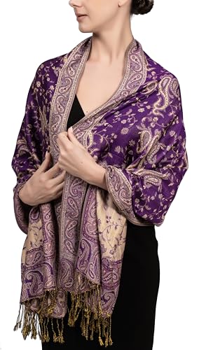 Achillea Soft Silky Reversible Paisley Pashmina Shawl Wrap Scarf w/Fringes (Purple) - Image 1