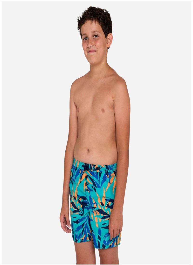 OLAIAN OLAIAN by DECATHLON, Boys’ surfing swim shorts with pockets - 100 Shadow palm turquoise  - Image 1