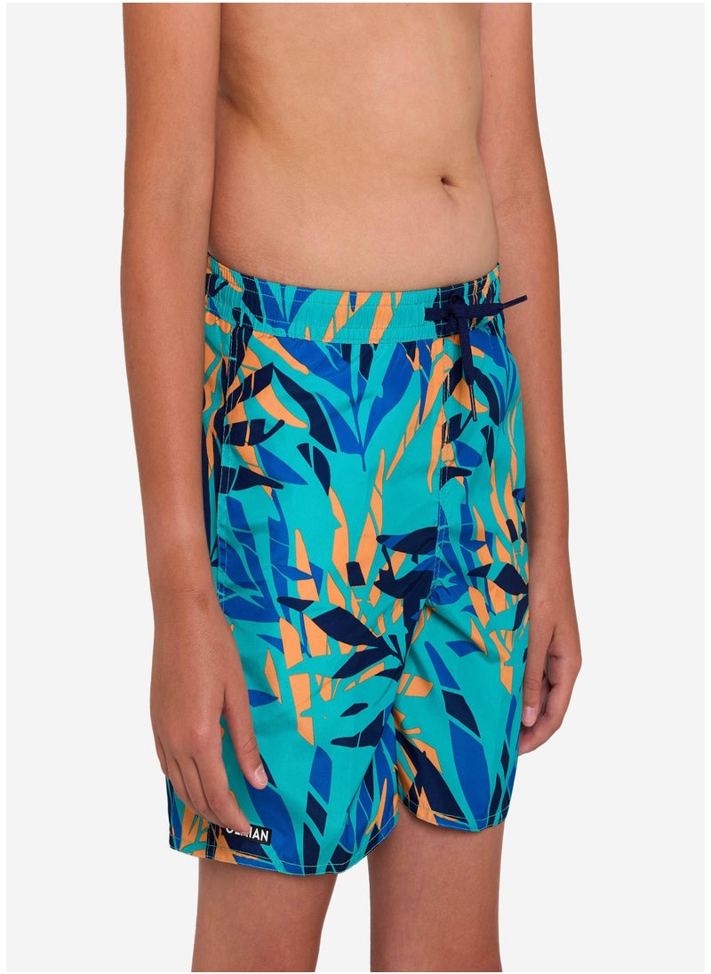 OLAIAN OLAIAN by DECATHLON, Boys’ surfing swim shorts with pockets - 100 Shadow palm turquoise  - Image 2