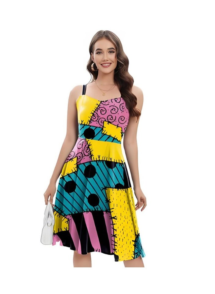 إسكدنيا النساء مطبوعة سالي زي فستان هالوين عيد الميلاد كوسبلاي حزب سباغيتي حزام فستان - Image 1