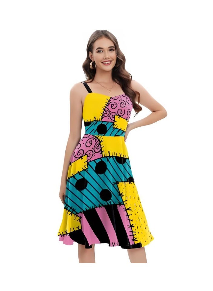 إسكدنيا النساء مطبوعة سالي زي فستان هالوين عيد الميلاد كوسبلاي حزب سباغيتي حزام فستان - Image 2