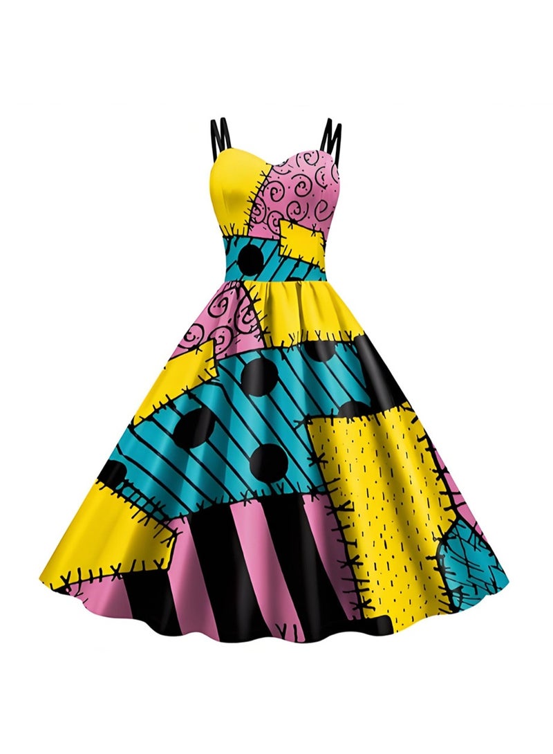 إسكدنيا النساء مطبوعة سالي زي فستان هالوين عيد الميلاد كوسبلاي حزب سباغيتي حزام فستان - Image 3