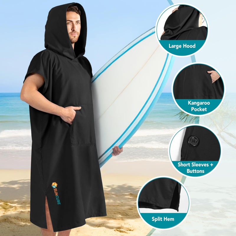 Suncube SUN CUBE Surf Poncho Changing Robe with Hood, Quick Dry Microfiber Wetsuit Changing Towel for Surfing Beach Swim Outdoor Sports Men, Absorbent Wearable Towel Cover Up with Pocket, Black - Image 2