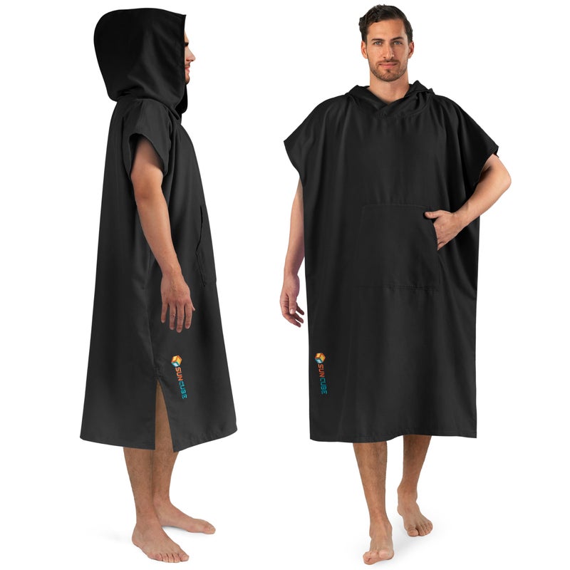 Suncube SUN CUBE Surf Poncho Changing Robe with Hood, Quick Dry Microfiber Wetsuit Changing Towel for Surfing Beach Swim Outdoor Sports Men, Absorbent Wearable Towel Cover Up with Pocket, Black - Image 1