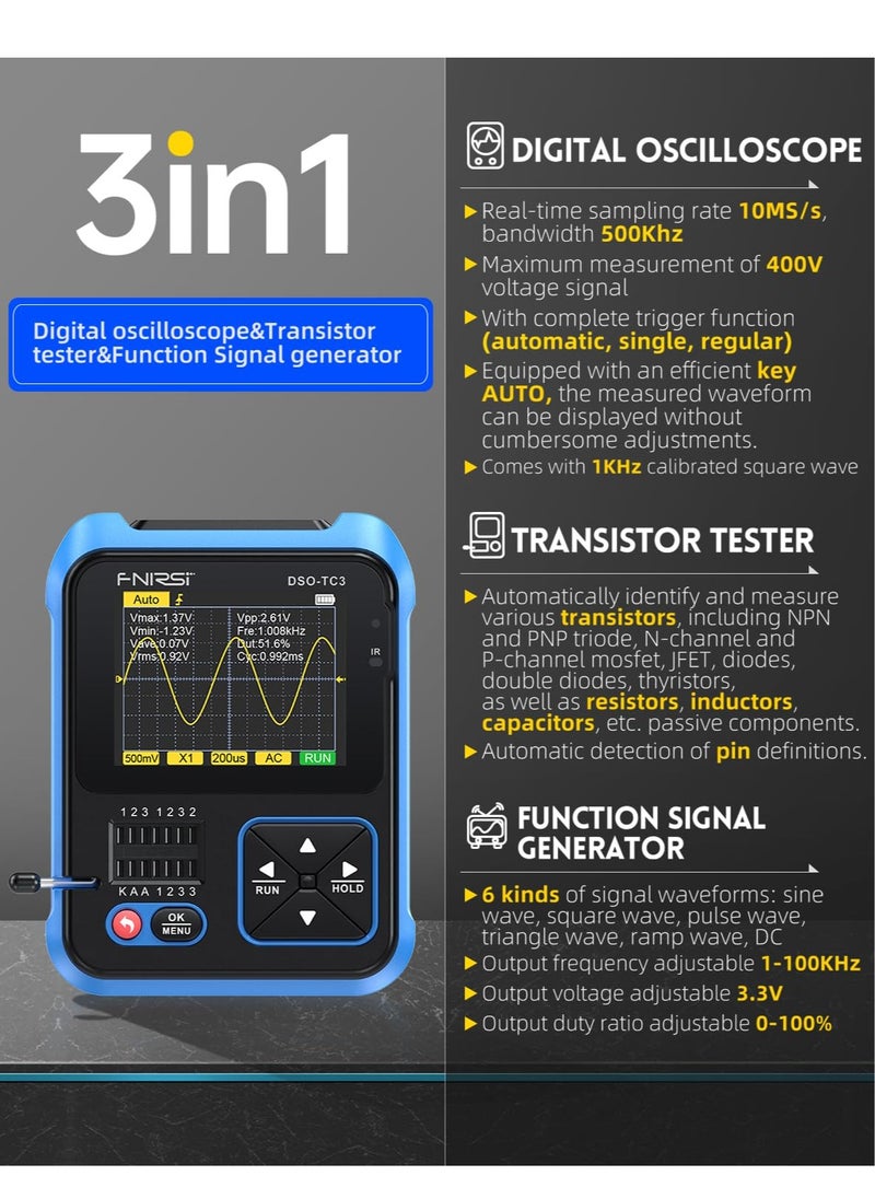 XiuWoo - 3-in-1 Handheld Oscilloscope 10X Probe DDS Signal Generator Transistor Tester Oscilloscope 500Khz Bandwidth 10MSa/s Sampling Rate, 6 Types of Waveforms - Image 1