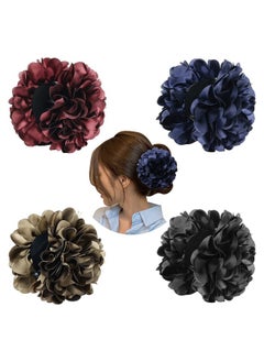 Cinaci Cinaci 4 Pack Red Navy Blue Black Large Satin Flower Hair Bows Plastic Hair Claws Clips Ribbon Fabric Floral Octopus Jaw Barrettes Clamps Ponytail Buns Holders Thick Hair Accessories for Women Girls  - Image 1