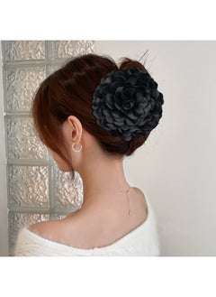 Cinaci Cinaci 4 Pack Red Navy Blue Black Large Satin Flower Hair Bows Plastic Hair Claws Clips Ribbon Fabric Floral Octopus Jaw Barrettes Clamps Ponytail Buns Holders Thick Hair Accessories for Women Girls  - Image 4