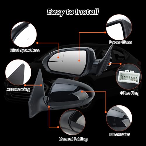 Clidr Driver Side Mirror Compatible with 2017 2018 2019 2020 Hyundai Elantra Non-Heated Manual Folding Rear View Mirror w/Blind Spot Detection Replace 87610F3050 Black 3 Pins - Image 5