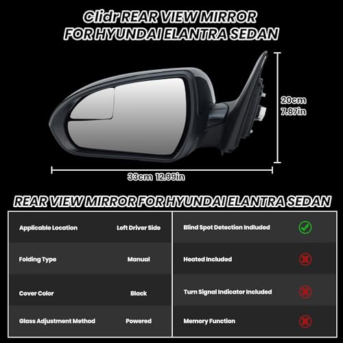 Clidr Driver Side Mirror Compatible with 2017 2018 2019 2020 Hyundai Elantra Non-Heated Manual Folding Rear View Mirror w/Blind Spot Detection Replace 87610F3050 Black 3 Pins - Image 3