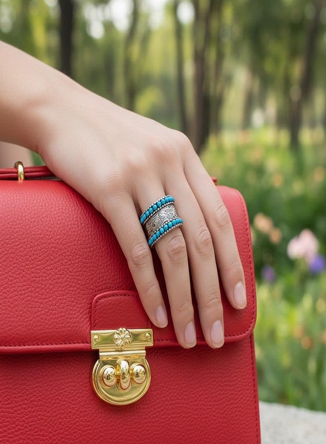 HAIXIAN Double row Turquoise Spheres lucky Flower Pattern Engraved Band Ring for Women Man,S925 Sterling Silver Retro Vintage Hawaiian National Style Boho Ring Jewelry (Turquoise_A, 8) - Image 5