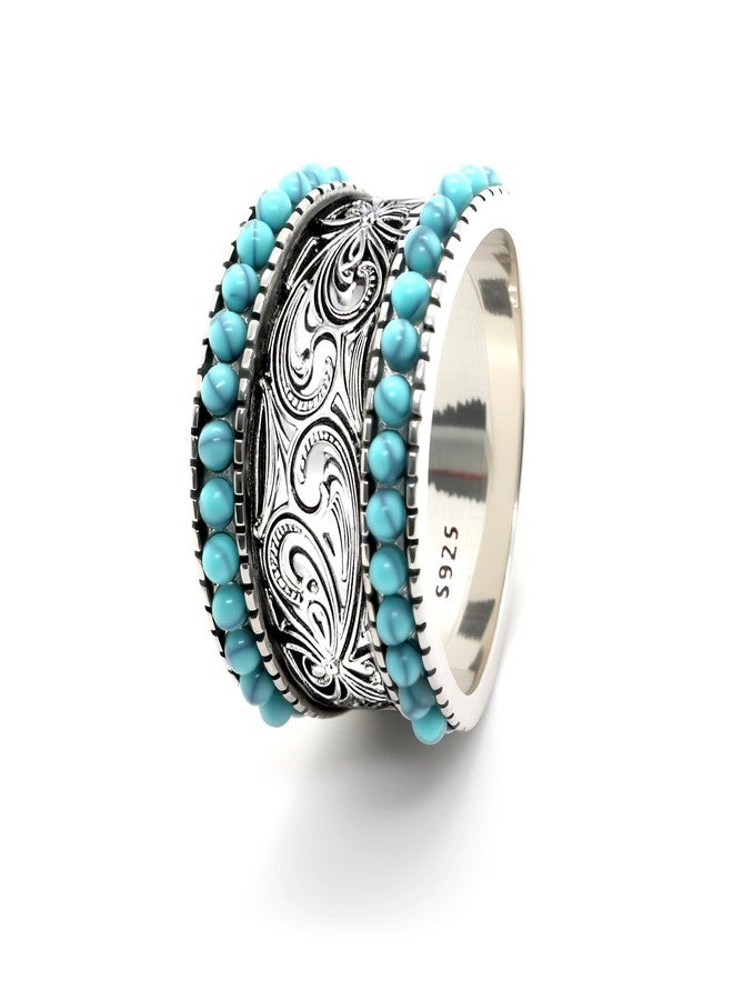 HAIXIAN Double row Turquoise Spheres lucky Flower Pattern Engraved Band Ring for Women Man,S925 Sterling Silver Retro Vintage Hawaiian National Style Boho Ring Jewelry (Turquoise_A, 8) - Image 1
