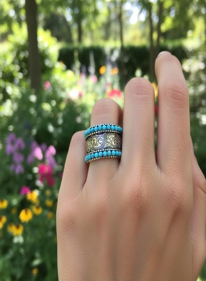 HAIXIAN Double row Turquoise Spheres lucky Flower Pattern Engraved Band Ring for Women Man,S925 Sterling Silver Retro Vintage Hawaiian National Style Boho Ring Jewelry (Turquoise_A, 8) - Image 2