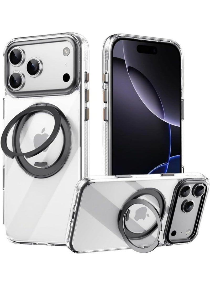 غطاء هاتف Apple iPhone 17 Pro Max بحامل حلقي مغناطيسي دوّار 360° - مضاد للصدمات والسقوط، تصميم رفيع مقاوم للانزلاق خالٍ من البصمات، شاشة خلفية شفافة، متوافق مع شاحن MagSafe، حامل أسود - Image 1