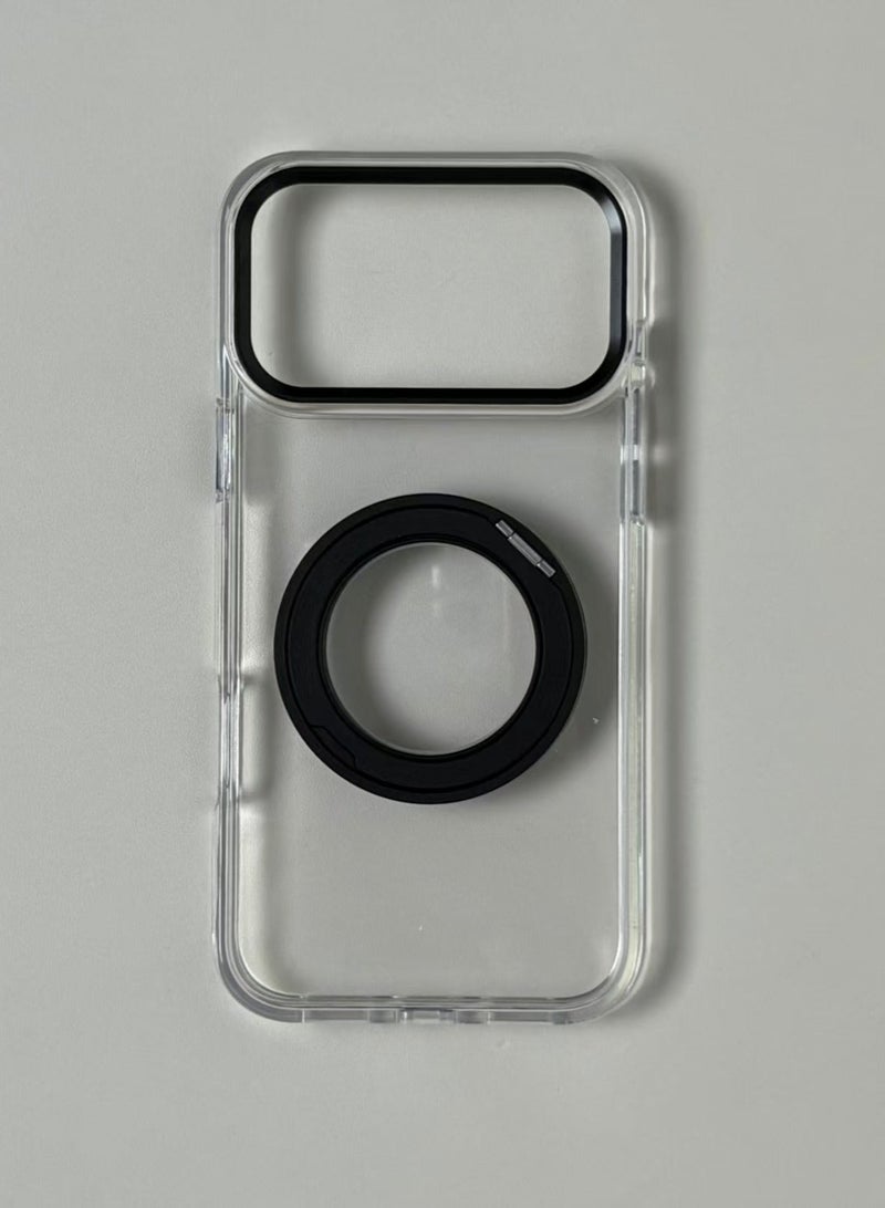 غطاء هاتف Apple iPhone 17 Pro Max بحامل حلقي مغناطيسي دوّار 360° - مضاد للصدمات والسقوط، تصميم رفيع مقاوم للانزلاق خالٍ من البصمات، شاشة خلفية شفافة، متوافق مع شاحن MagSafe، حامل أسود - Image 2