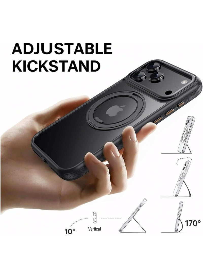 غطاء هاتف Apple iPhone 17 Pro Max بحامل حلقي مغناطيسي دوّار 360° - مضاد للصدمات والسقوط، تصميم رفيع مقاوم للانزلاق خالٍ من البصمات، شاشة خلفية شفافة، متوافق مع شاحن MagSafe، حامل أسود - Image 5