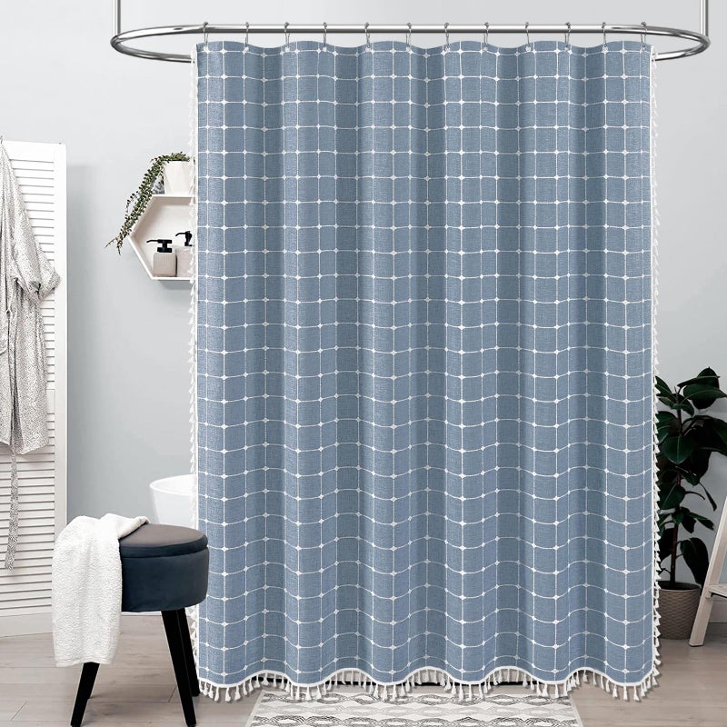 BTTN Stall Fabric Shower Curtain - 54 x 78 Inch Boho Linen Heavy Duty Cloth Tassel Shower Curtain Set with 10 Hooks  Narrow Rustic Modern Farmhouse Bohemian Thick Shower Curtains for Bathroom - Blue - Image 1