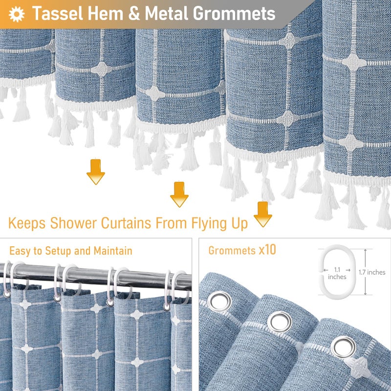 BTTN Stall Fabric Shower Curtain - 54 x 78 Inch Boho Linen Heavy Duty Cloth Tassel Shower Curtain Set with 10 Hooks  Narrow Rustic Modern Farmhouse Bohemian Thick Shower Curtains for Bathroom - Blue - Image 4