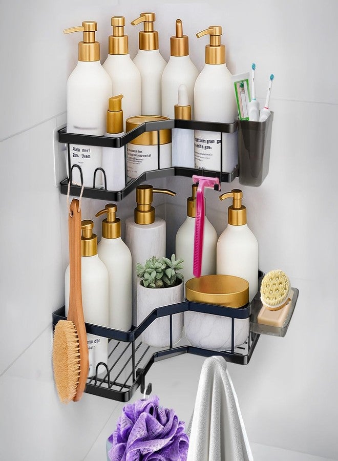 Sben Corner Adhesive Shower Caddy, 4 Pack, Organizer Shelves, No Drilling, Rustproof Material Storage Rack, 4 Extra Hooks, Toothpaste Holder and Soap Dish Holder for Bathroom (Black) - Image 1