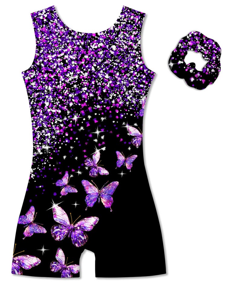 Vogseek 11-12 Years Girls Gymnastics Leotards with Hair Scrunchie Sparkle Dance Unitards Purple Butterfly's Glitter Active Biketards with Shorts for Kid Cute Tumbling Dance Outfit, Black - Image 1